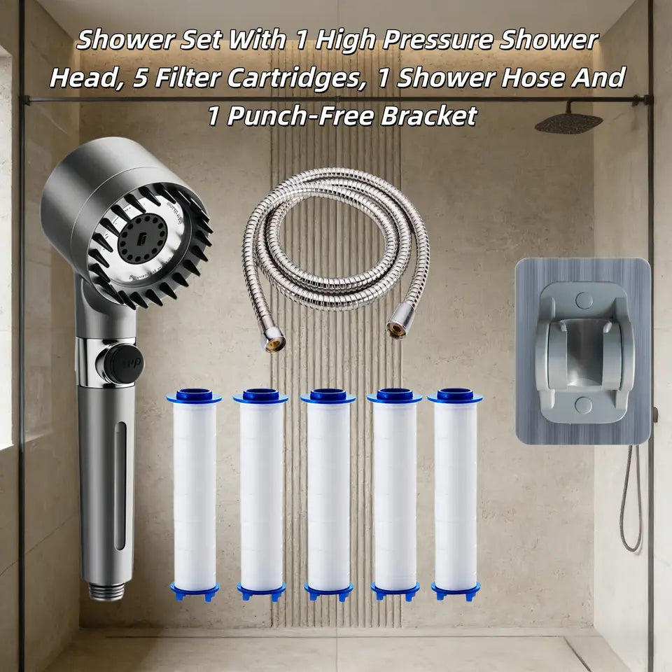 High pressure filtered shower head set with filters, hose and bracket