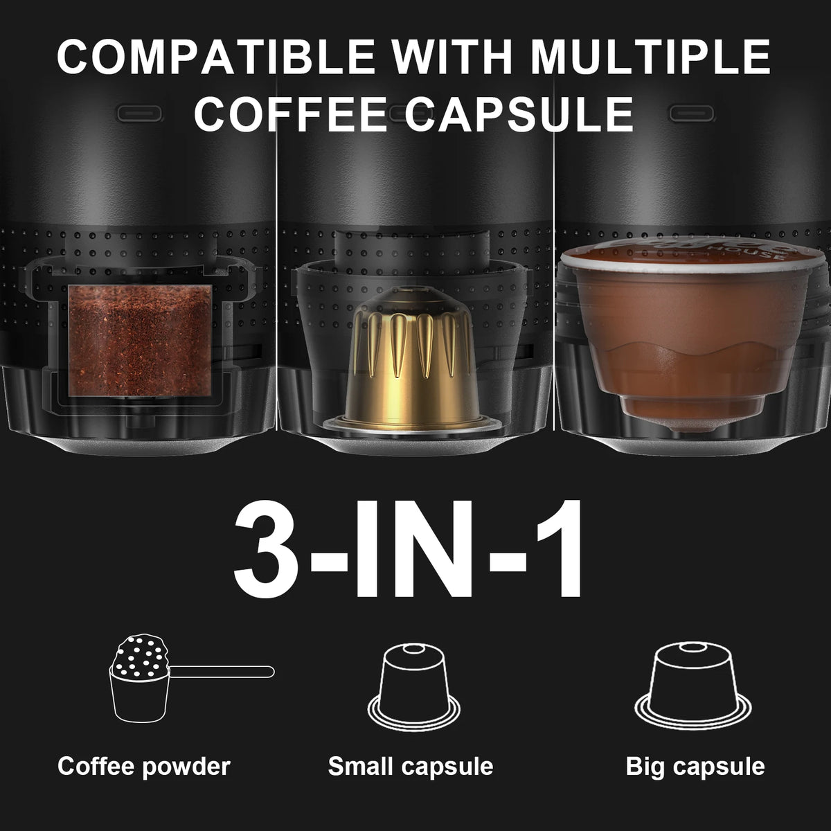 Compatible with ground coffee, small capsule and big capsule - 3 in 1