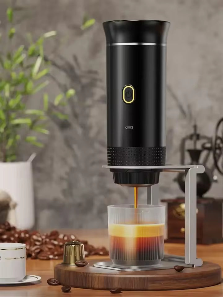 Trenzay Portable Espresso Machine brewing espresso on wood table