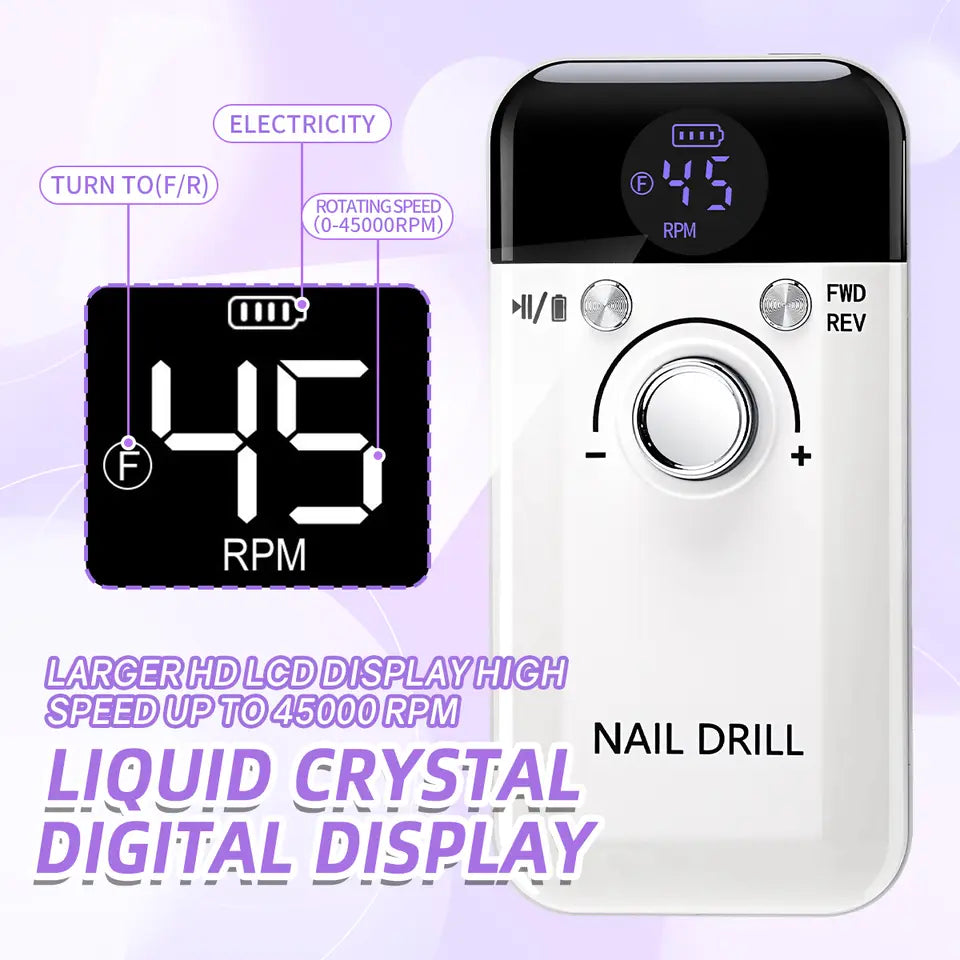 Nail drill LCD display showing live RPM and battery level
