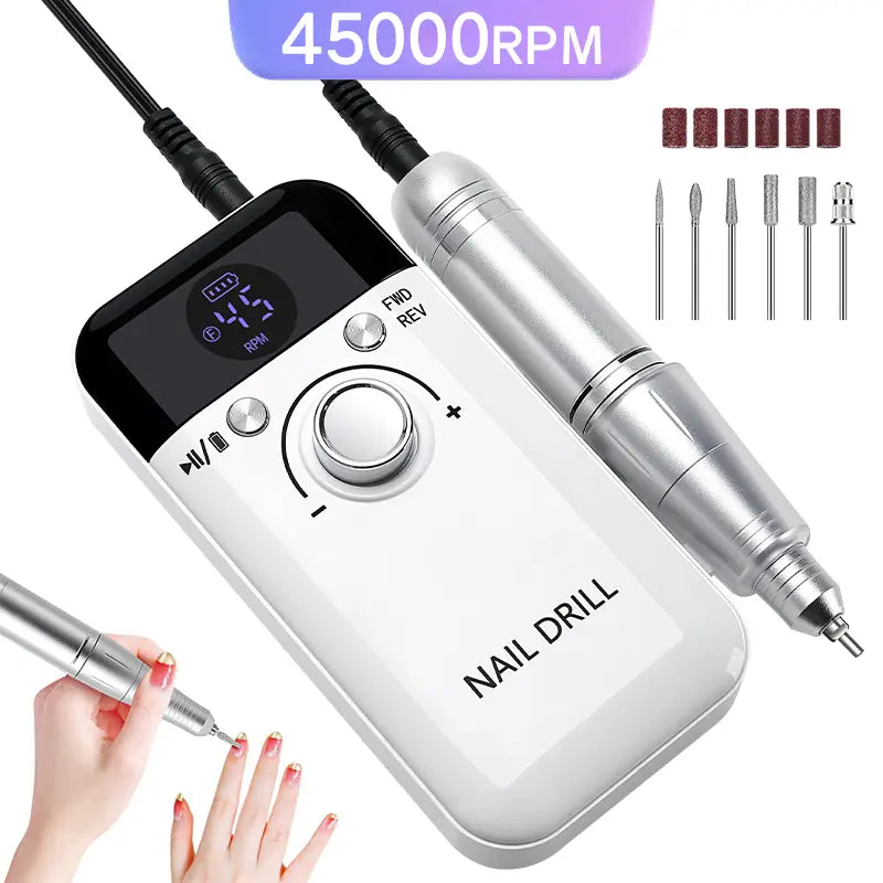Professional cordless 45,000 RPM nail drill machine with LCD display and drill bits